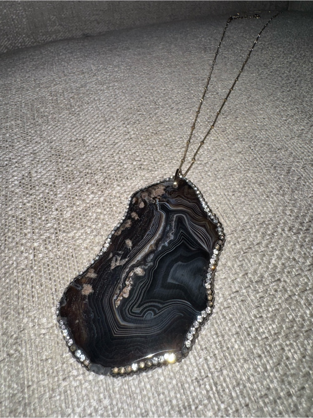 Black Agate Slice Pendant Necklace with Rhinestone Trim